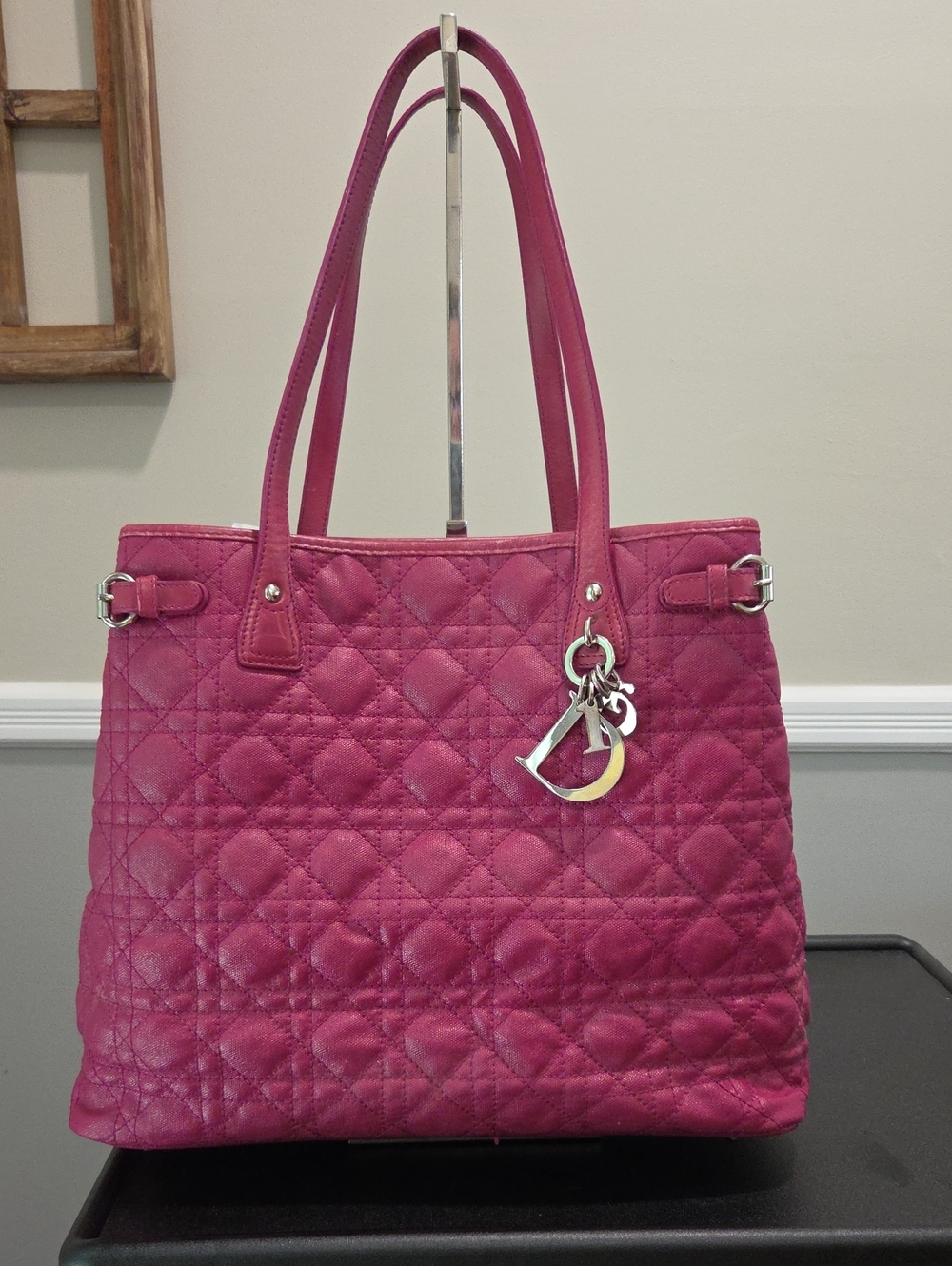Christian Dior Cannage Panarea Pink Coated Canvas Tote Bag Dior Charm- COA